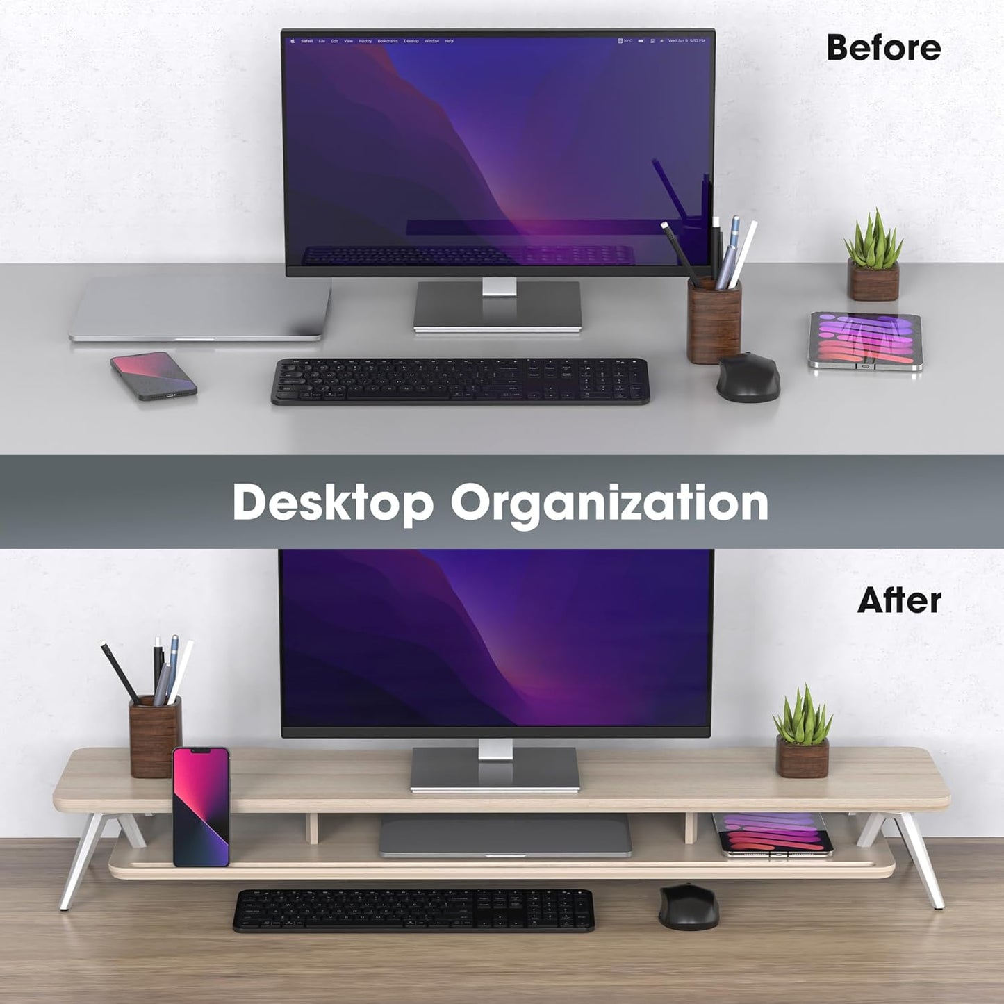 Fenge Dual Monitor Stand, Monitor Stands Riser for 2 monitors, 42.5 Inch Wood Desk Shelf with Storage Organizer and Cable Management for Office Desk Accessories