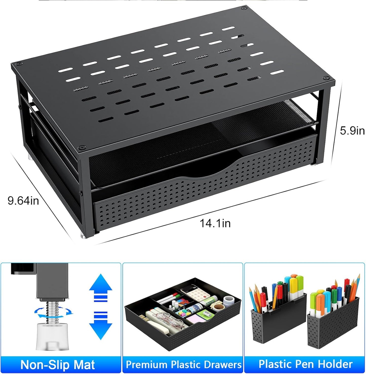 gianotter Monitor Stand Riser, Office Desk Shelf Organizer, Desk Organizer with Drawer and Pen Holder, 2-Tier Computer Stand, Office Organization (Ink)