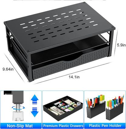 gianotter Monitor Stand Riser, Office Desk Shelf Organizer, Desk Organizer with Drawer and Pen Holder, 2-Tier Computer Stand, Office Organization (Ink)