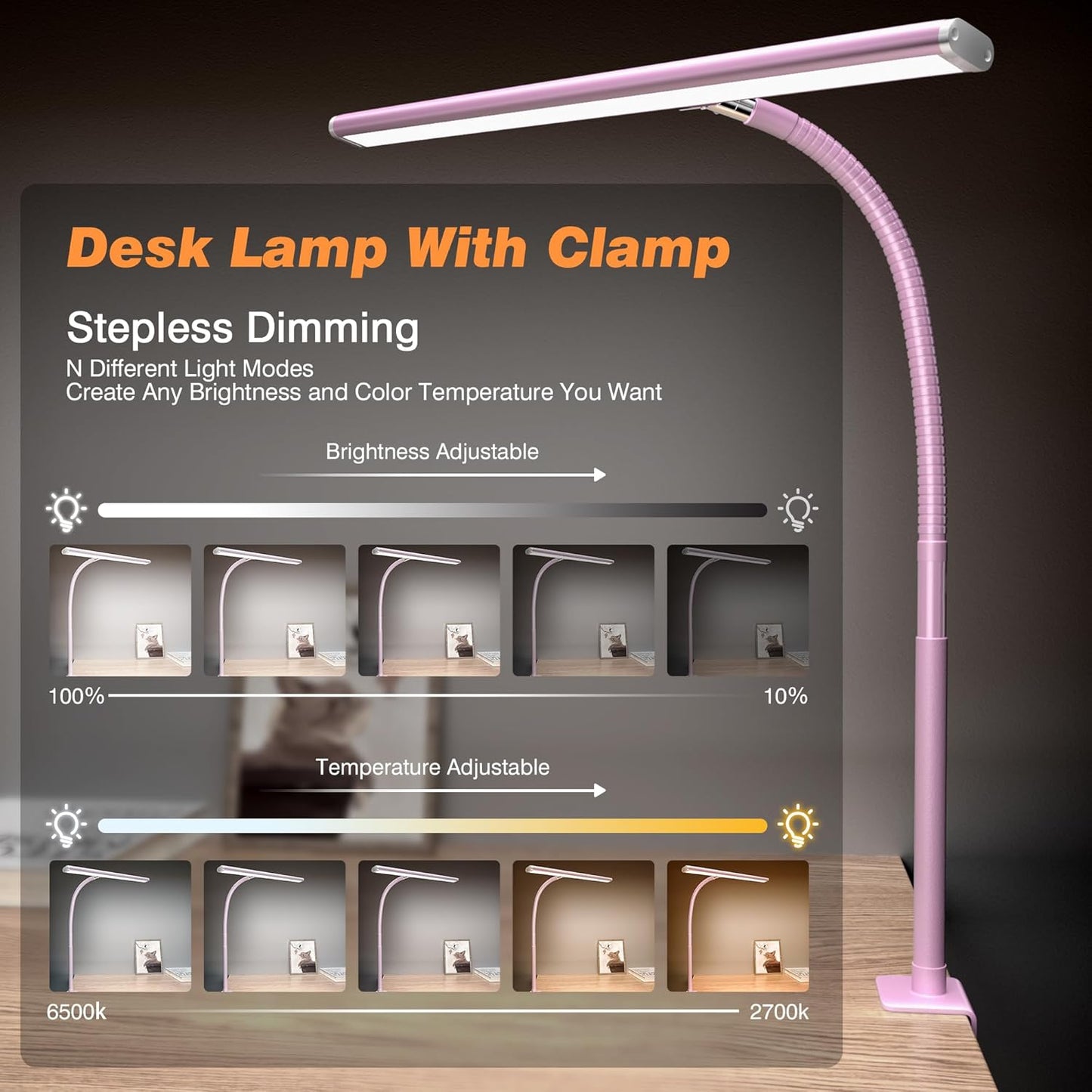 Airlonv LED Desk Lamp for Office Home, Eye-Caring Desk Light with Stepless Dimming Adjustable Flexible Gooseneck, 10W USB Adapter Desk Lamp with Clamp for Reading, Study, Workbench (Black)