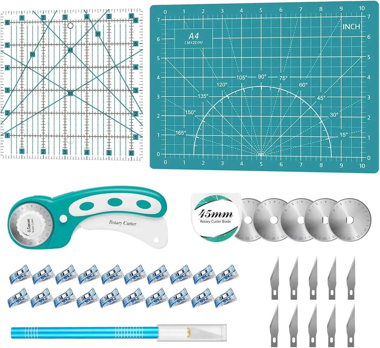 Headley Tools Rotary Cutter Set - 45mm Fabric Cutter, 5 Extra Rotary Blades, A3 Cutting Mat, Quilting Ruler and Sewing Clips, Craft Knife Set, Ideal for Crafting, Sewing, Patchworking, Purple