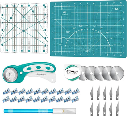 Headley Tools Rotary Cutter Set - 45mm Fabric Cutter, 5 Extra Rotary Blades, A3 Cutting Mat, Quilting Ruler and Sewing Clips, Craft Knife Set, Ideal for Crafting, Sewing, Patchworking, Purple