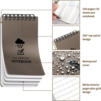 COIDEA Waterproof Notebook, 4 Pack Top-Spiral Pocket Notepad, 3" x 5" Weatherproof NotePad, All Weather Police Pocket Notebook Little Memo Steno Note Pads for Outdoor Office School Recording, Black
