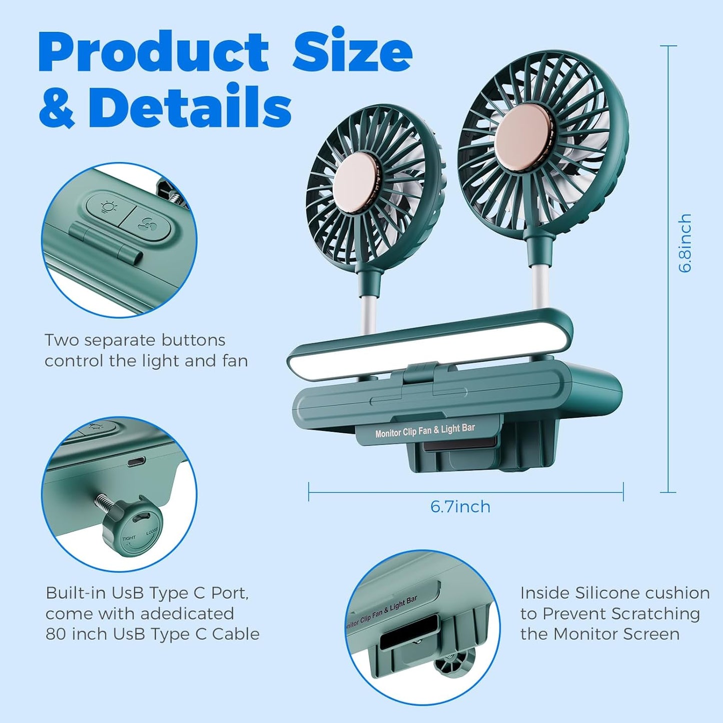 USB Monitor Clip on Fan via Flip-Open LED Light Bar, Two-Head Personal Cooling desktop Laptop Quiet USB Fan for Office, 3 Wind Speeds, for Flat, Curved Monitors (Deepsea Blue)