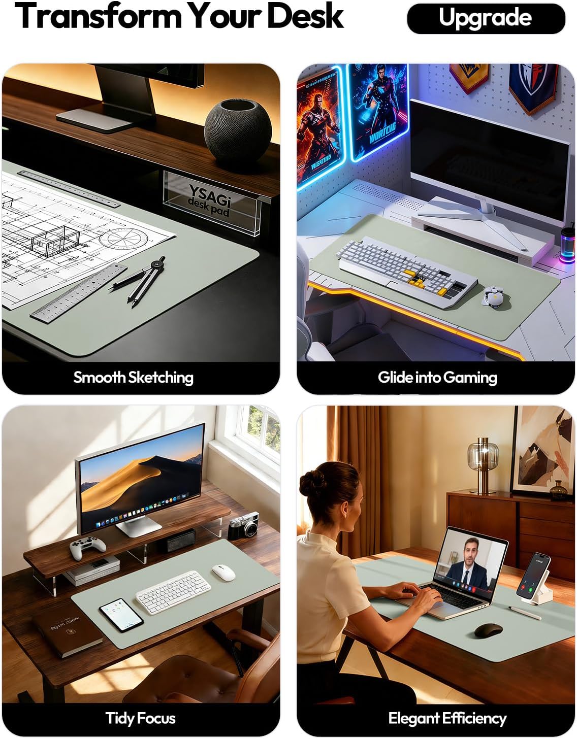 YSAGi Large Extended PU Leather Desk Pad Protector – Non-Slip Waterproof Desk Mat for Office & Home, Easy Clean Mouse Pad & Laptop Writing Blotter 35.4"x17" Black - Colors A