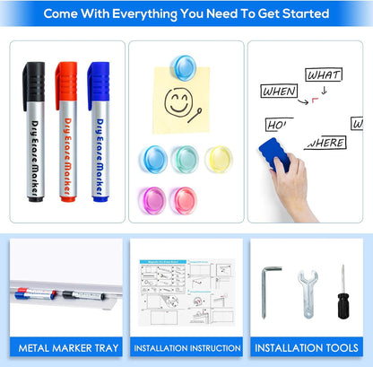 Magnetic White Board Dry Erase Board for Wall，72" x 40" Wall-Mounted Aluminum Frame Marker Board, Foldable Portable Whiteboard with a Long Pen Tray for School, Classroom, Office & Home