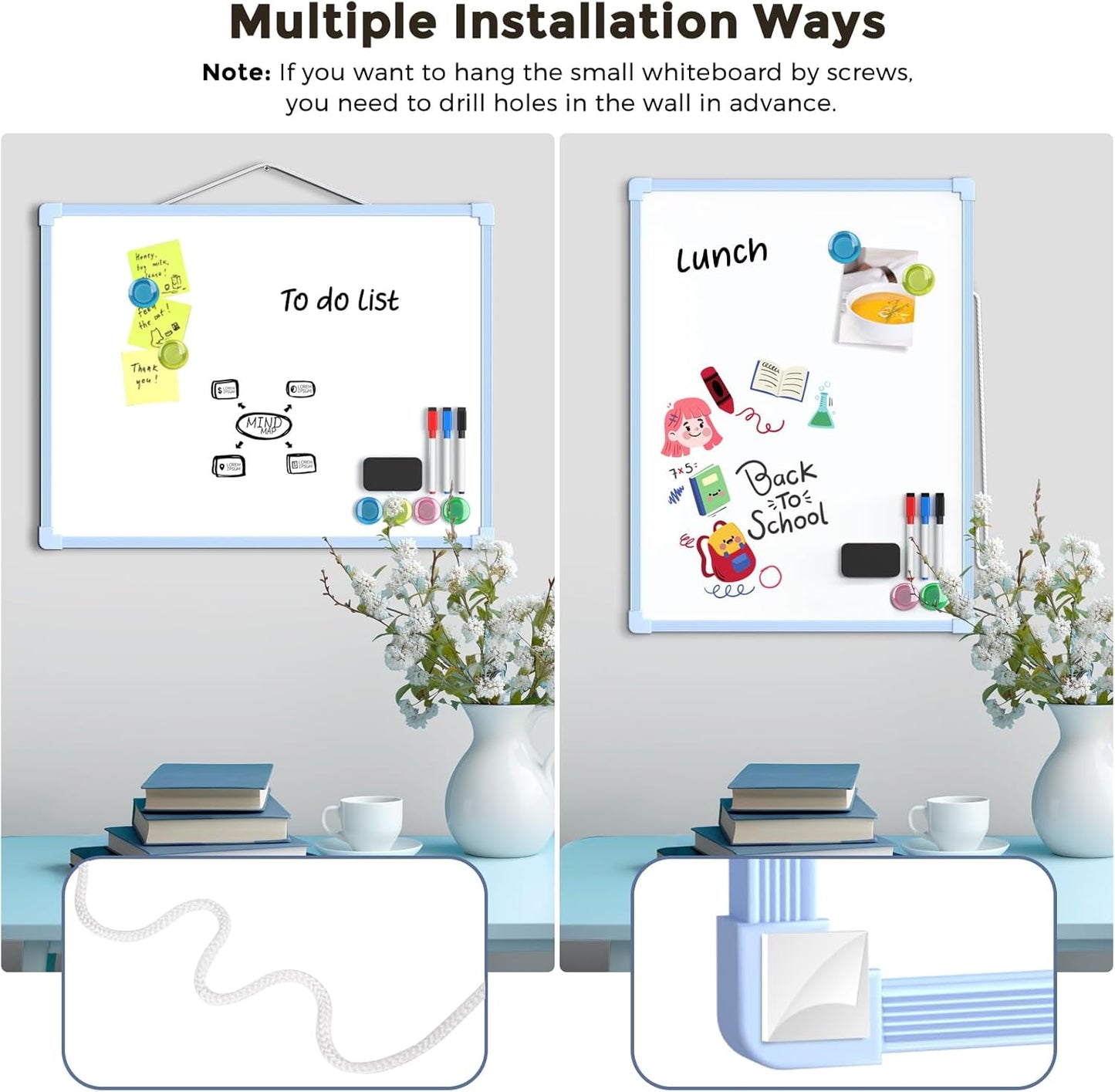 MaxGear Double-Sided Dry Erase Board for Wall, 16"x12" Hanging Whiteboard, Small Dry Erase White Board with 3 Markers and 4 Magnets, Portable Whiteboard for Planning, Drawing, Memo, to Do List