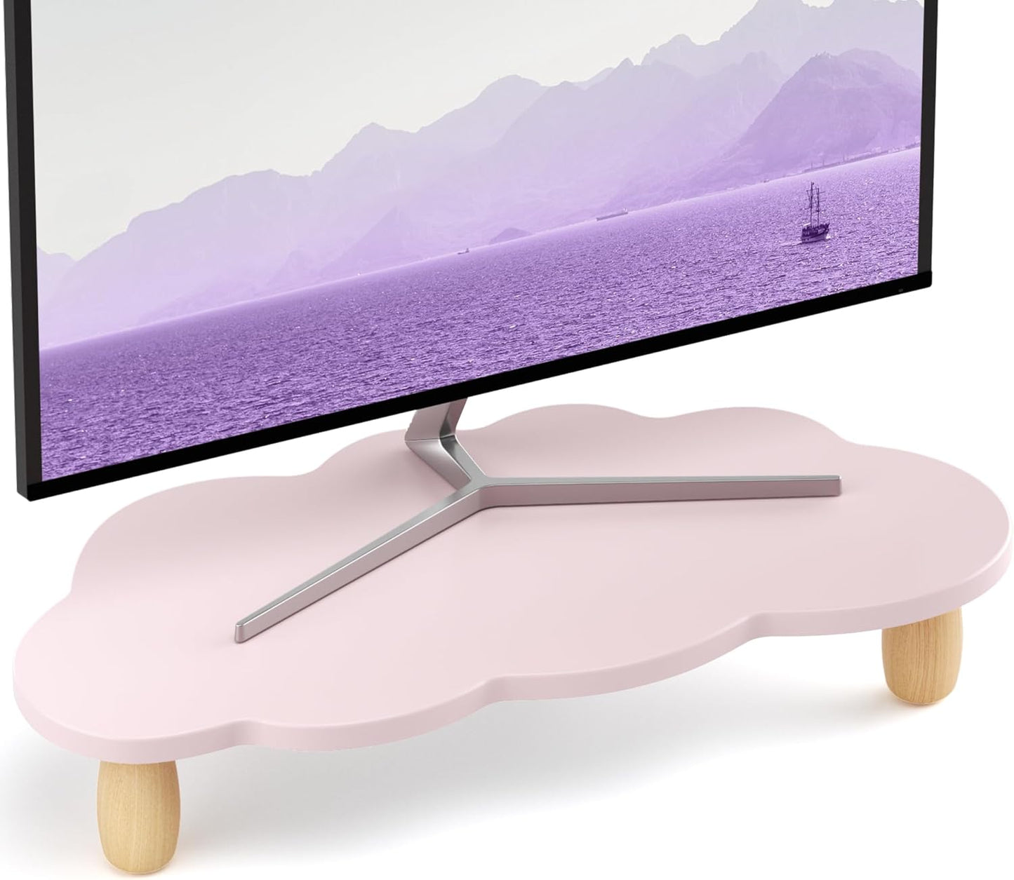 AFOOYO Monitor Stand Riser,Cloud-Shaped Sturdy Wood 16.5In Computer Monitor Riser Wirh Drawer, Multi-Purpose Desktop Organizer Riser for Computer,Laptop,Printer,TV,White