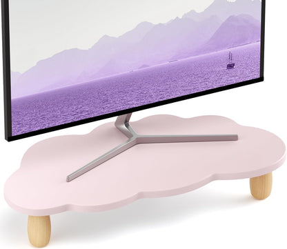 AFOOYO Monitor Stand Riser,Cloud-Shaped Sturdy Wood 16.5In Computer Monitor Riser Wirh Drawer, Multi-Purpose Desktop Organizer Riser for Computer,Laptop,Printer,TV,White
