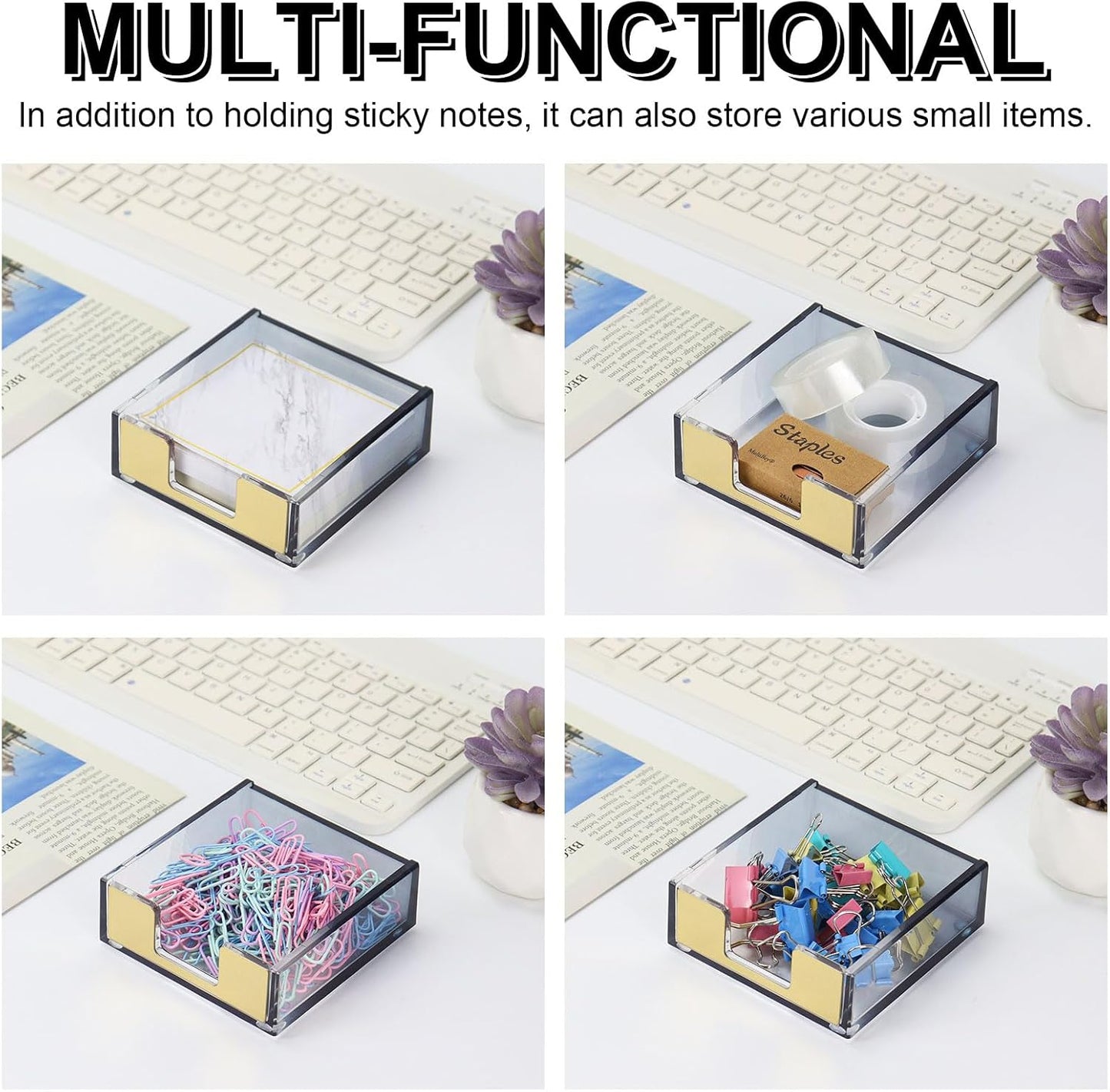 MultiBey Gold Sticky Notes Holder Clear Acrylic Memo Pad Dispenser Post it Note Holder Desk Supplies Organizer Accessories for Office Home Schools (Gold)