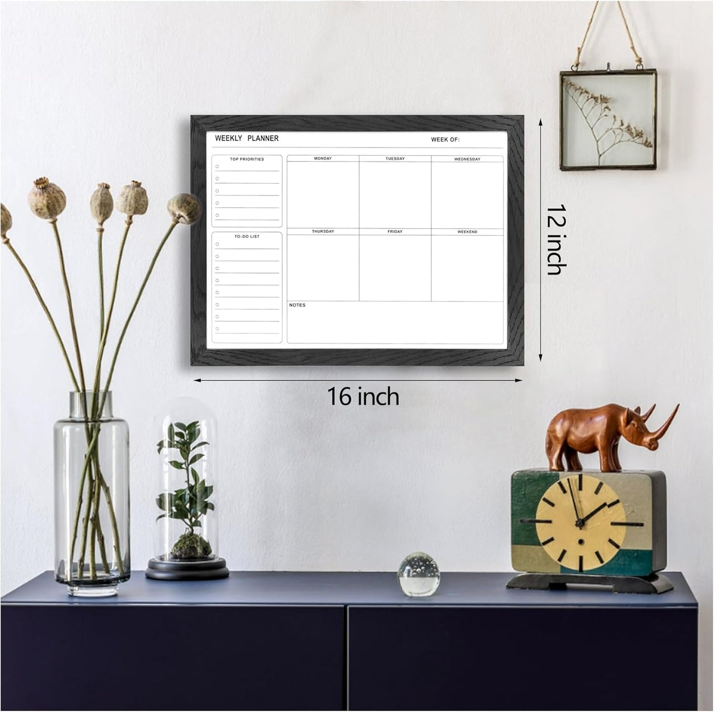 White Board Weekly Calendar Dry Erase Planner for Wall-16"X12",White Solid Wood Frame,Minimal/Modern Design, Magnetic Whiteboard Planner for to Do List, Memo, School, Home, Office, Kitchen