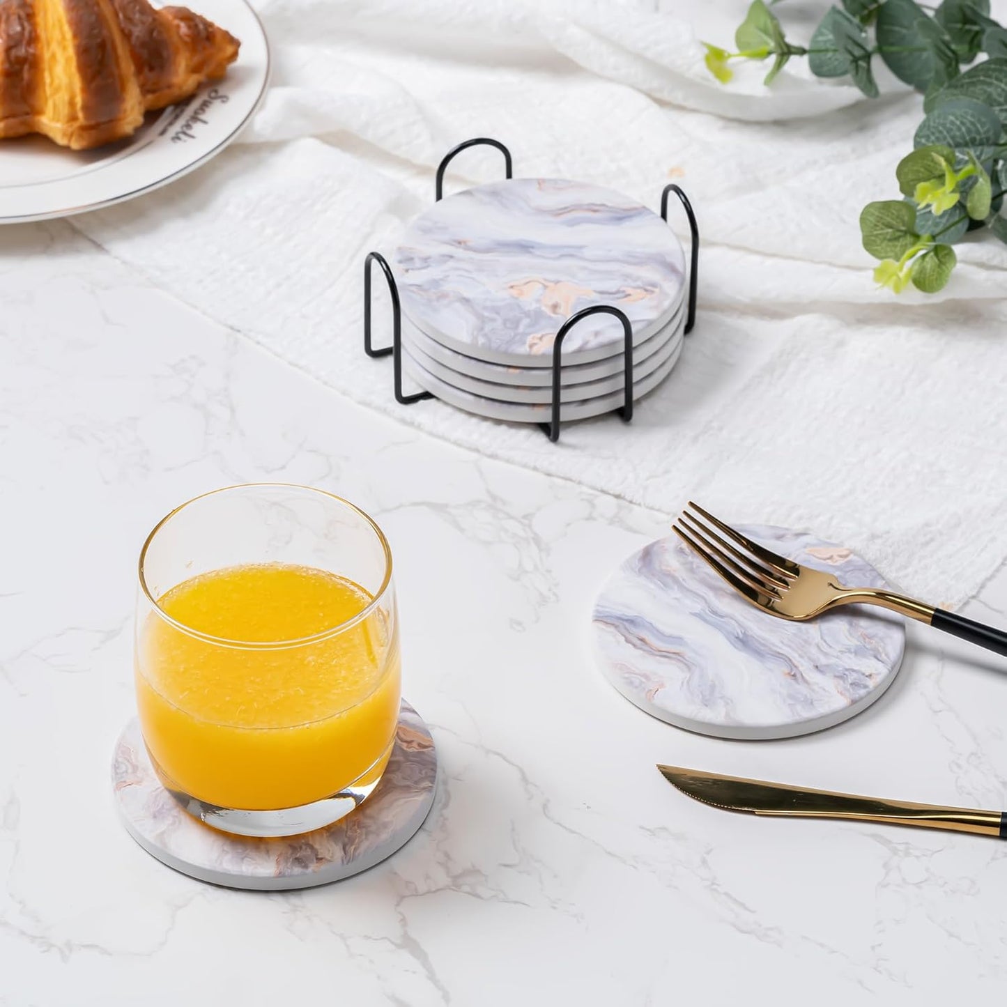 6Pcs Drink Coasters with Holder, Marble Style Ceramic Drink Coaster, Absorbent Coasters Set Suitable for Kinds of Cups, Modern Style Coaster for Coffee Table, 4 Inches