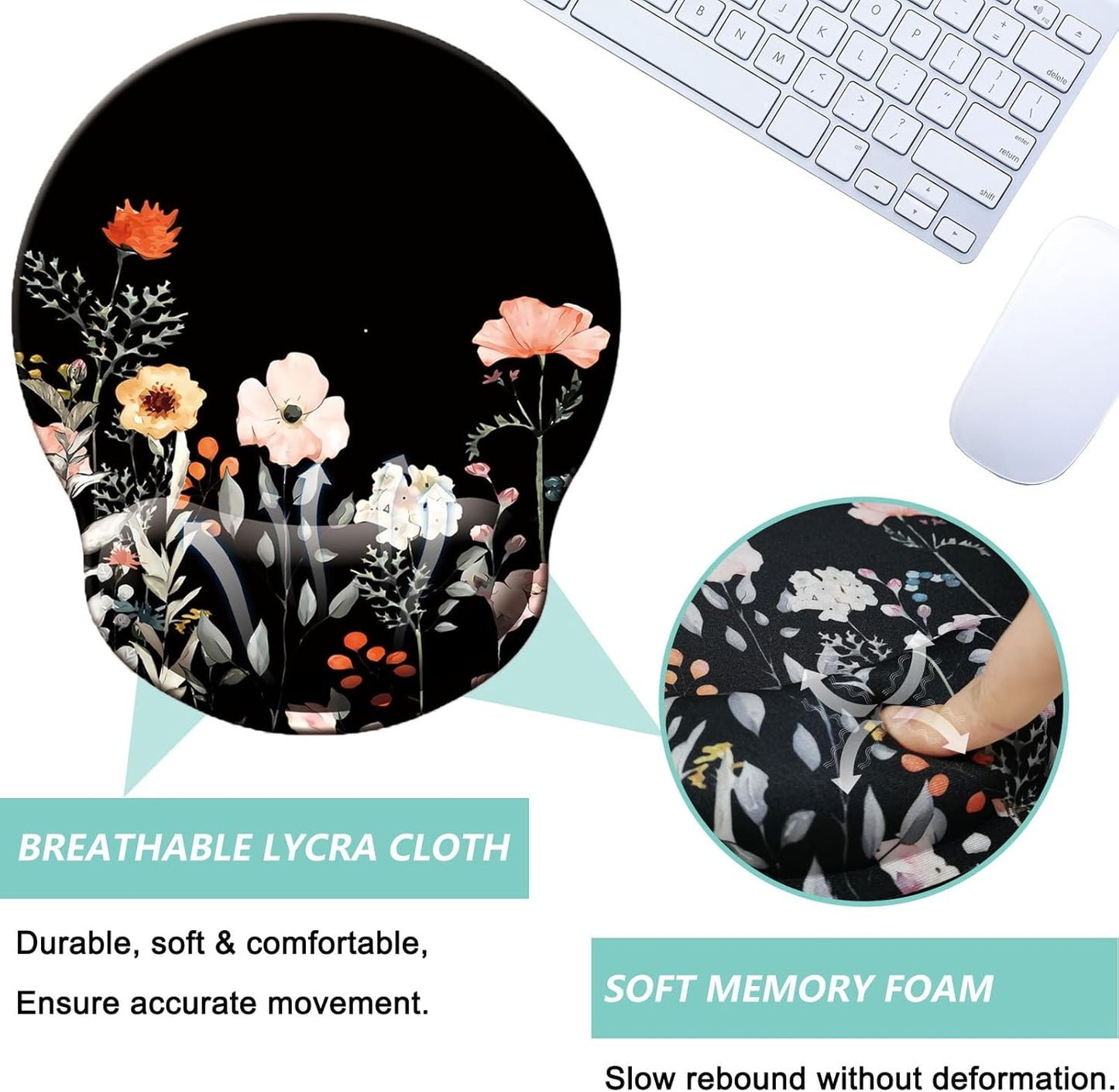 Mouse Pad with Wrist Support, Ergonomic Mouse Pad with Memory Foam Wrist Rest Cushion, Non-Slip Rubber Base Gaming Mice Pad for Home Office Computer Laptop, Flowers Grass