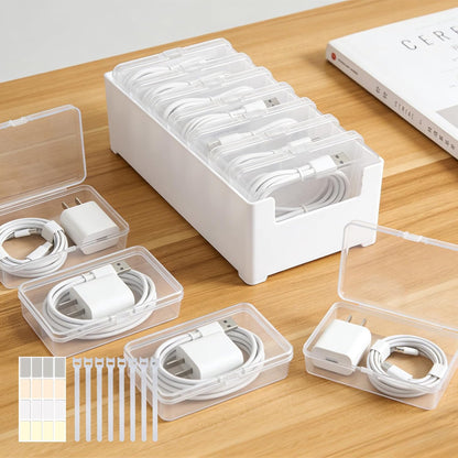 8 Individual Cable Organizer Boxes With Base, Cord Storage Organizer With Labels And Cable Straps For Charging Cables, Adapters, Earphones (8 pcs Individual Cable, 1 Pack)