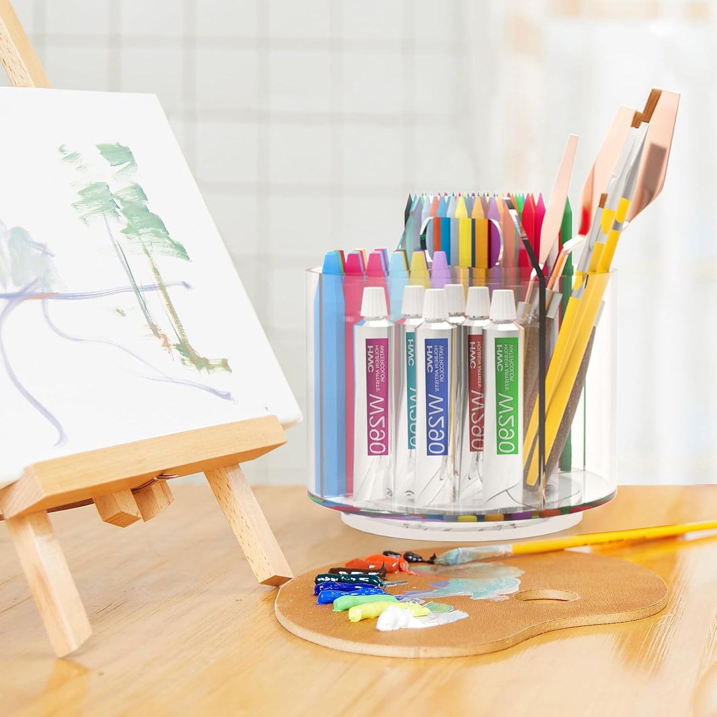 Absonic 250pcs Acrylic Pencil Holder Marker Organizer, 360-Degree Rotating Pen Holder, Crayon Organizers for Kids Pencil Organizer Caddy Art Supply Lazy Susan Organizer for Desk Home School Office