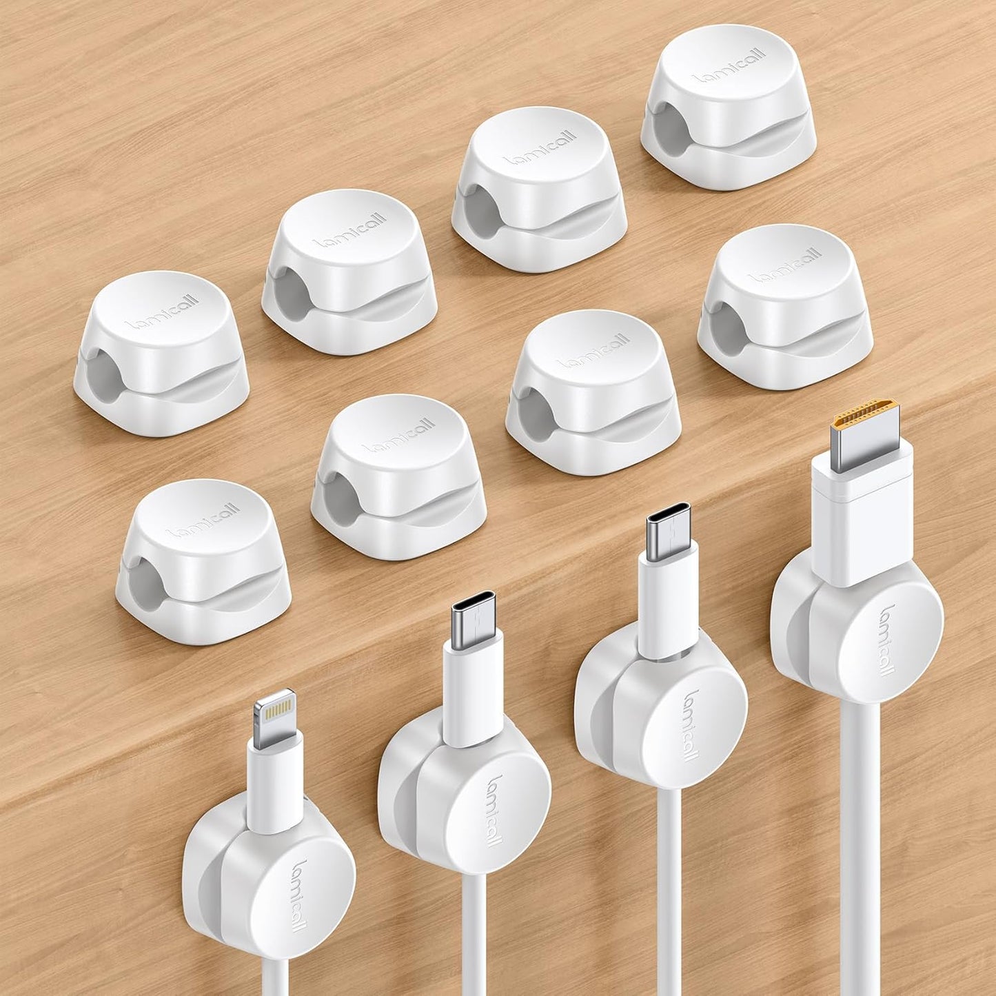 Lamicall 8 Pack Cord Organizer, [1s Lock] Spring Cable Management Clips - Adhesive Phone Cord Holder Clips for Nightstand Desk Car Office Home College Dorm Room, Desk Organizer Accessories, White