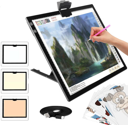 YINGWOND Rechargeable A4 LED Light Pad with Padded Case, Tracing Light Box w/Riser Stands and Paper Clip, 6 Levels of Brightness, Type-c Cable, Wireless Diamond Painting Light Board