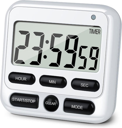 KTKUDY Digital Kitchen Timer with Mute/Loud Alarm Switch ON/Off Switch, 12-Hour Clock & Alarm, Memory Function Count Up & Count Down for Kids Teachers Cooking, Large LCD Display, Strong Magnet (Black)
