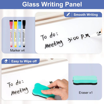 DOLLAR BOSS Glass Desk Whiteboard Calendar Small Dry Erase Board Desktop White Board with Storage Drawer Computer Keyboard Stand Desk Organizer, Colorful Weekly Calendar, Black