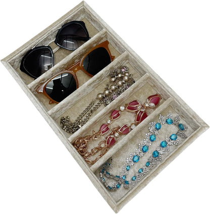 AgentMoon 5-Compartment Velvet Sunglasses & Jewelry Organizer Tray – Adjustable Dividers, Sturdy Wood, Non-Slip Storage for Watches, Glasses, Bracelets, Desk or Drawer.(Tabby Red)