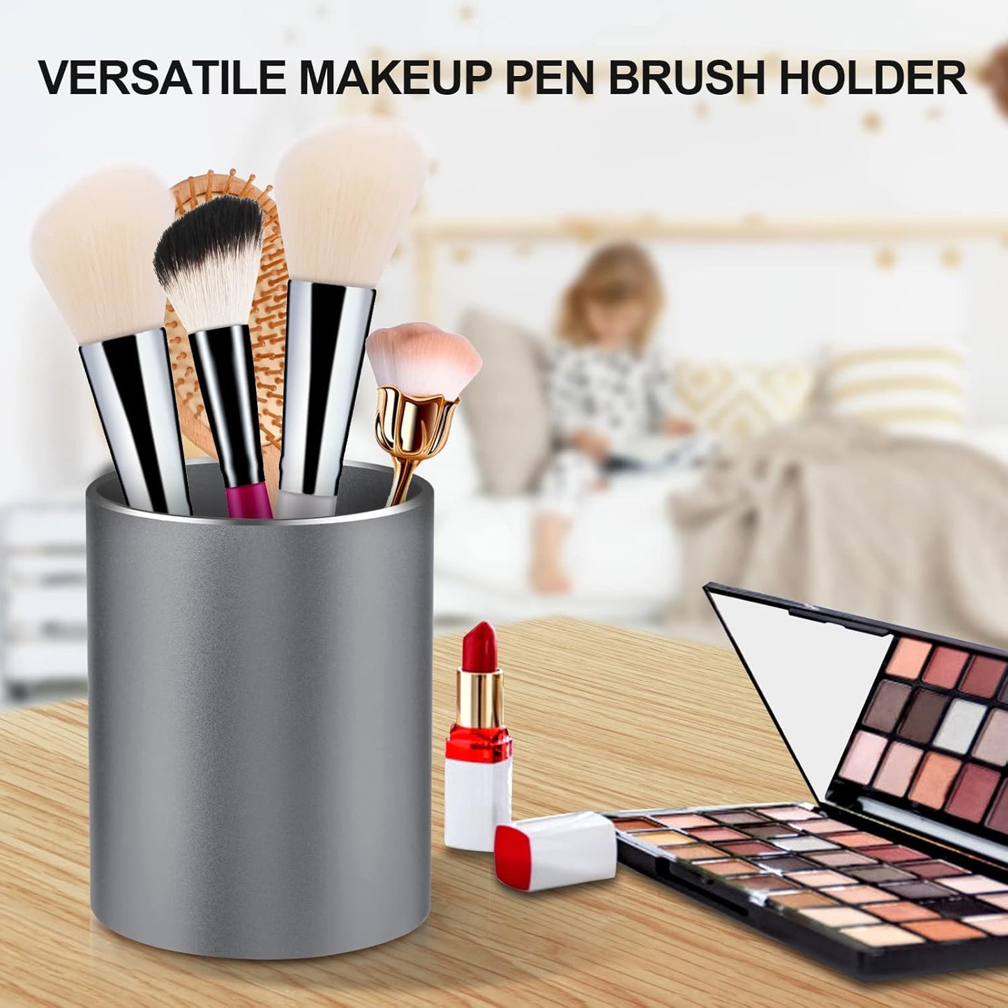 Pen Holder Pencil Holder for Desk, Metal desk pen holder, Makeup Brush Holder, pencil cup, pen organizer for desk, for Office, School, Home, and Kids 3.9×3.14inch（Silver）
