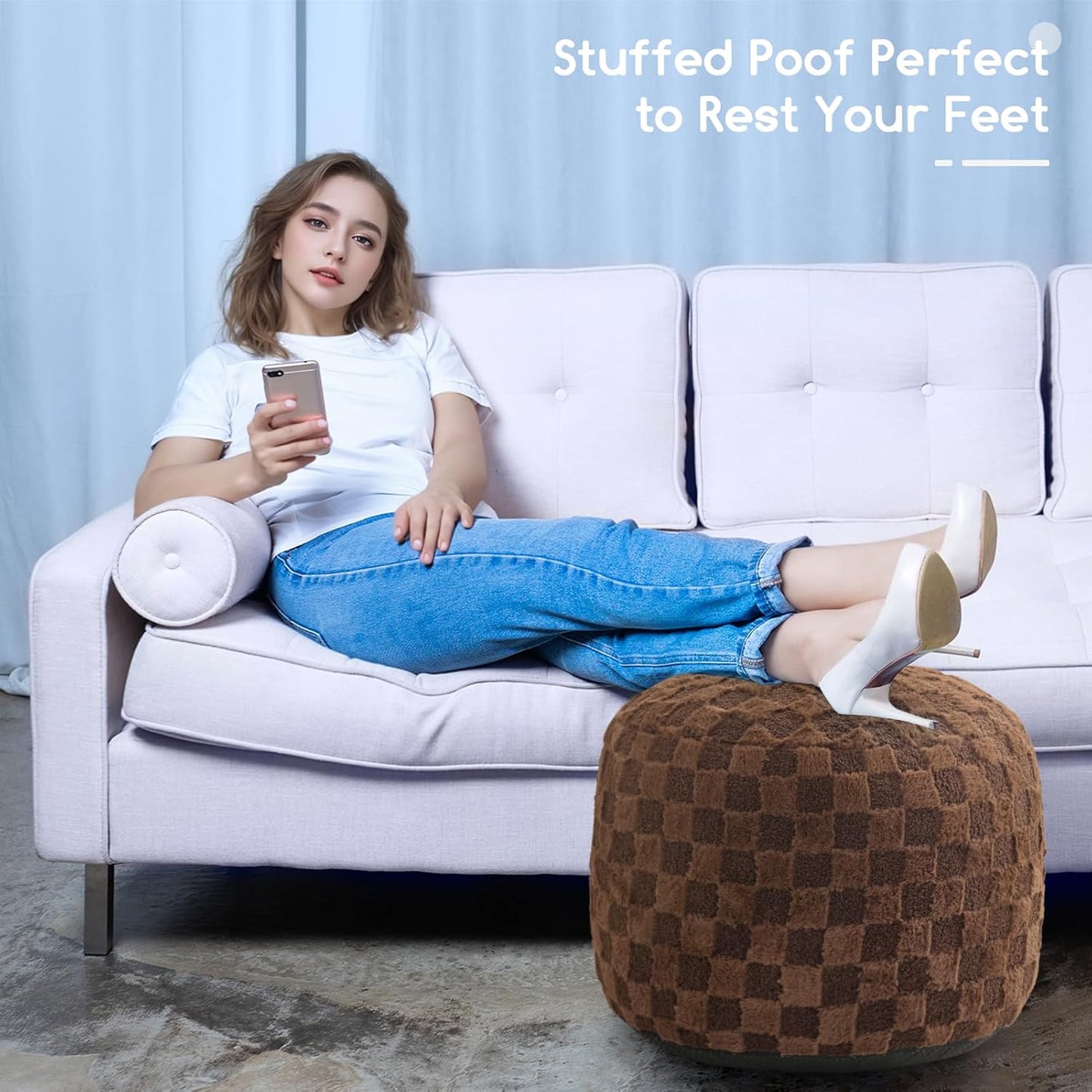 HIGOGOGO Round Stuffed Pouf Ottoman, Corduroy Poufs with Foam Chunk Filling, Furry and Fluffy Pouf Foot Stool Storage Ottoman, 20 X 15 Floor Poufs Foot Rest for Living Room, Dark Grey