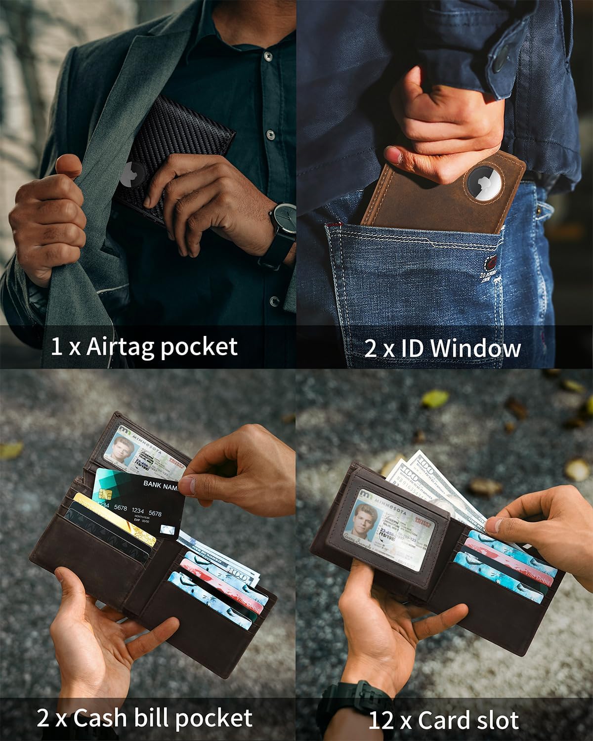 Mens Wallet With AirTag Holder, Bifold Leather RFID Blocking 1-2 ID Windows 12-13 Card Holders, Gift Box and Screen Protector Included, AirTag Not Included