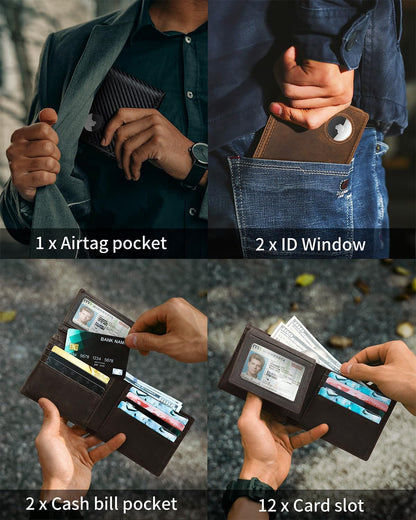 Mens Wallet With AirTag Holder, Bifold Leather RFID Blocking 1-2 ID Windows 12-13 Card Holders, Gift Box and Screen Protector Included, AirTag Not Included