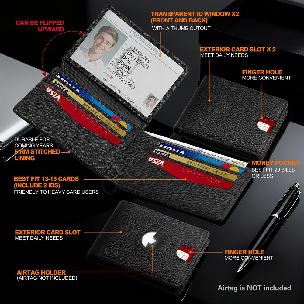 Wallet for Men Slim RFID Blocking Bifold Carbon Fiber,Minimalist Small Compact Front Pocket Credit Card Holder,Thin Mens Leather Wallets Smart Security With 2 ID Windows 1 Cash,Birthday Gifts for Men