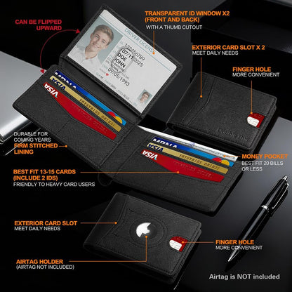 Wallet for Men Slim RFID Blocking Bifold Carbon Fiber,Minimalist Small Compact Front Pocket Credit Card Holder,Thin Mens Leather Wallets Smart Security With 2 ID Windows 1 Cash,Birthday Gifts for Men