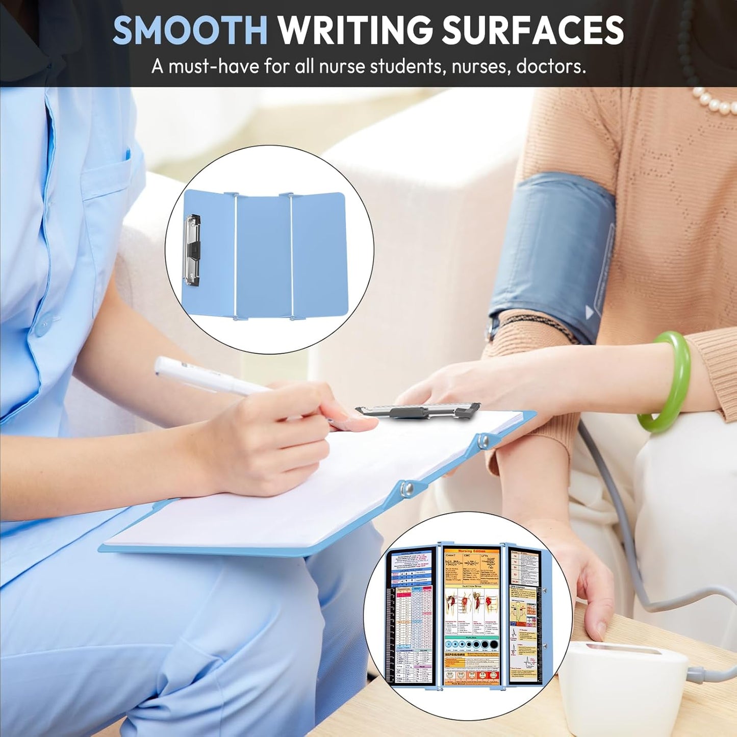 Nursing Clipboard Foldable, Foldable Clipboard w/Nursing Edition Cheat Charts,3 Layers Aluminum, Nurse Clip Board w/Low Profile Clip&Pen Clip Pocket for Nurses and Doctors,Light Blue