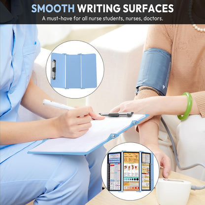 Nursing Clipboard Foldable, Foldable Clipboard w/Nursing Edition Cheat Charts,3 Layers Aluminum, Nurse Clip Board w/Low Profile Clip&Pen Clip Pocket for Nurses and Doctors,Light Blue