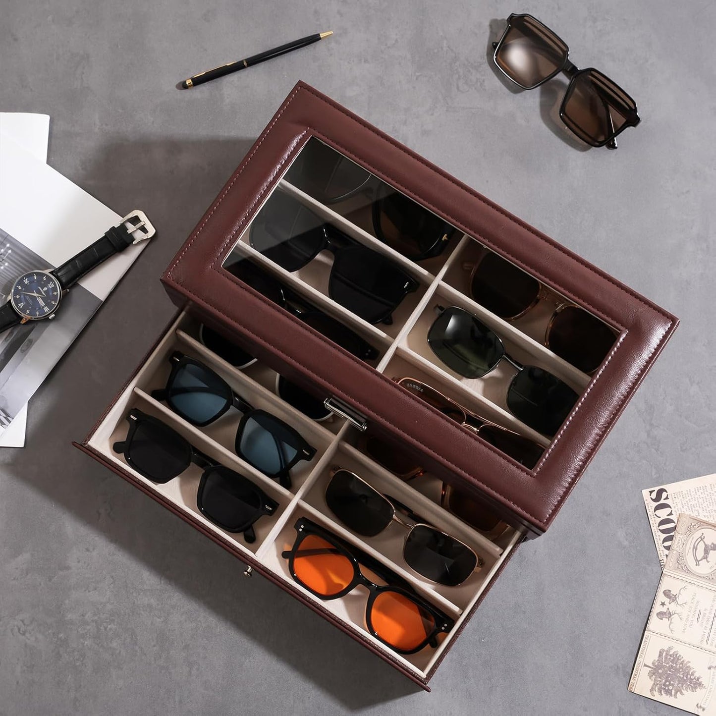 ProCase 3-layer Sunglasses Storage Organizer, 18 Slots Leather Sunglass Box Multiple Pairs Eyeglass Cases Eye Glass Eyewear Display Holder for Men Women, Valentine's Day Gift -Black
