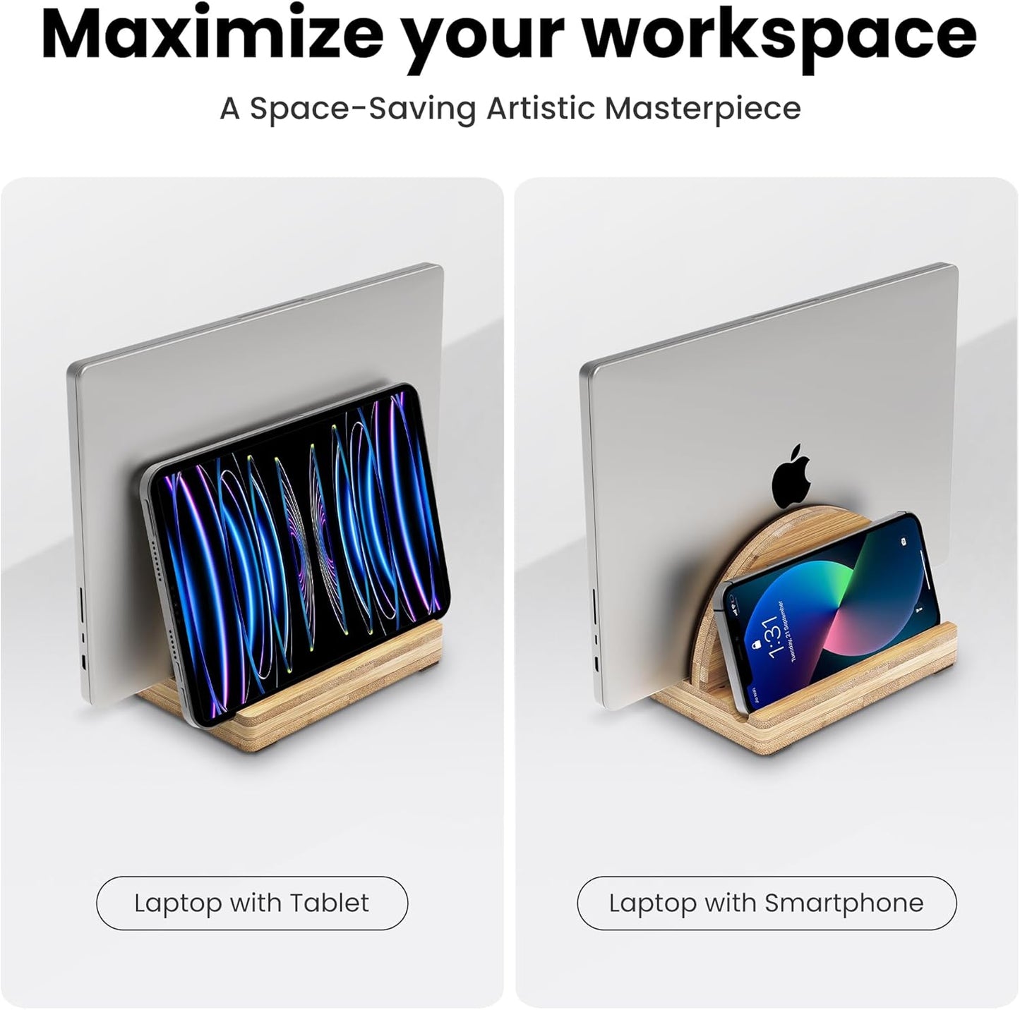Kothar Premium Wood Vertical Laptop Stand - Adjustable Single Slot Bamboo Holder for MacBook, Dell, HP, and More | Space-Saving Desktop Organizer | Eco-Friendly, Sleek & Durable Design