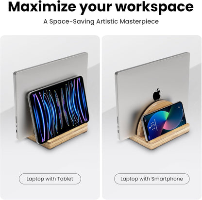 Kothar Premium Wood Vertical Laptop Stand - Adjustable Single Slot Bamboo Holder for MacBook, Dell, HP, and More | Space-Saving Desktop Organizer | Eco-Friendly, Sleek & Durable Design