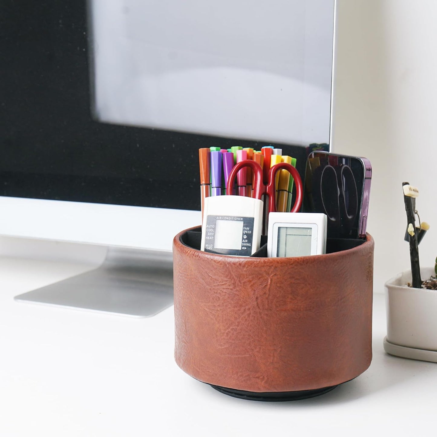 Round Leather Art Supply Organizer,Remote Control Holder,360 Degree Rotating,Multi-Functional Pencil Holder,4 Compartments Desktop Stationary Organizer(1-Fractal Flower) | Round - Colors C