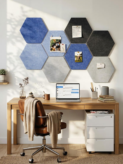 8 Pack Hexagon Felt Bulletin Board Tiles - 12" Large Thick Pin Board for Walls with 30 Push Pins, DIY Boards for Office Home School Decor, Aesthetic Hex Cork Board Alternative