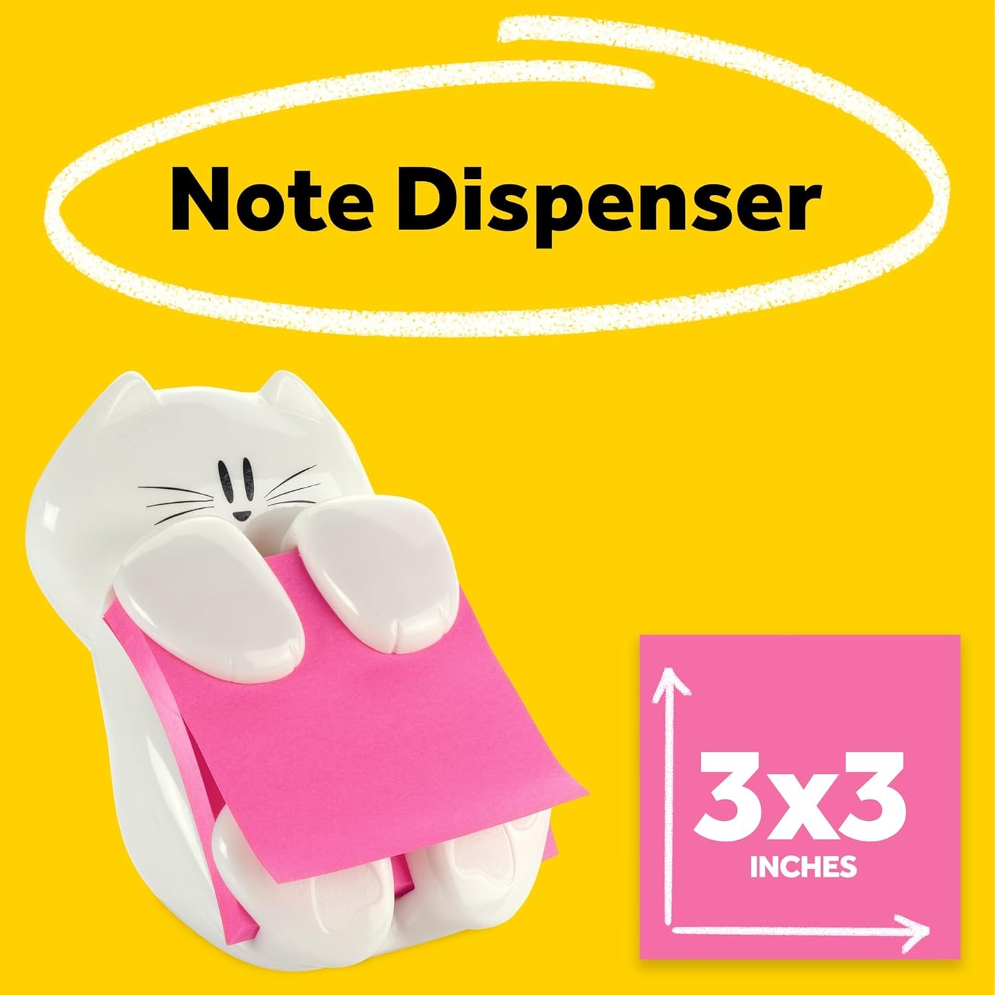 Post-it Dispenser, Sticky Note Holder, White Cat Design, Includes 45 Pop-Up Sheets of 3 in x 3 in Pink, Sticky Notes Holder for Desk, Classroom or Office Supplies