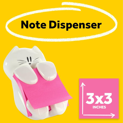 Post-it Dispenser, Sticky Note Holder, White Cat Design, Includes 45 Pop-Up Sheets of 3 in x 3 in Pink, Sticky Notes Holder for Desk, Classroom or Office Supplies