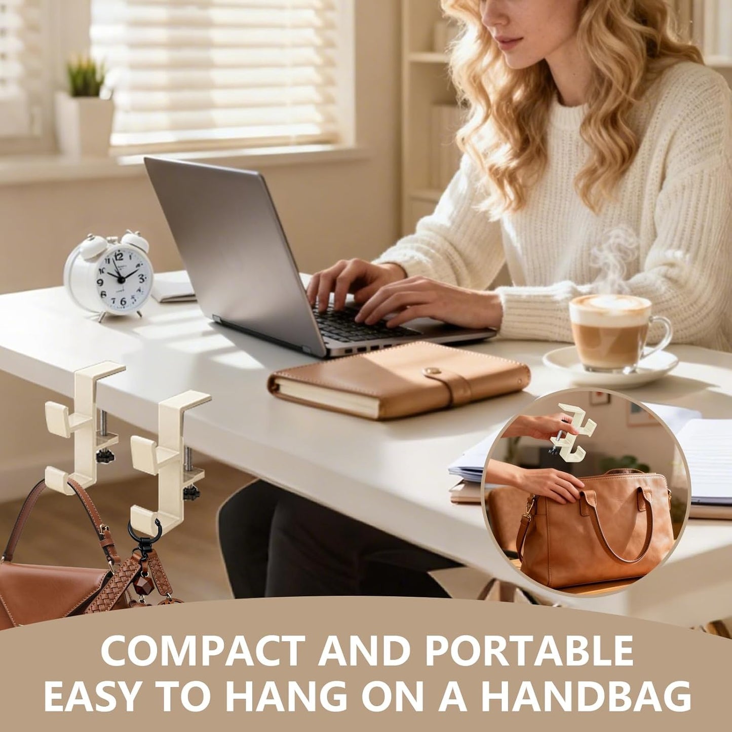 2-Pack Aluminum Purse Hook for Desk & Table, No Drilling, Bolt-Fixed Desk Bag Hook – Strong Load-Bearing, Double Hooks for Bags/Backpacks (Cream)