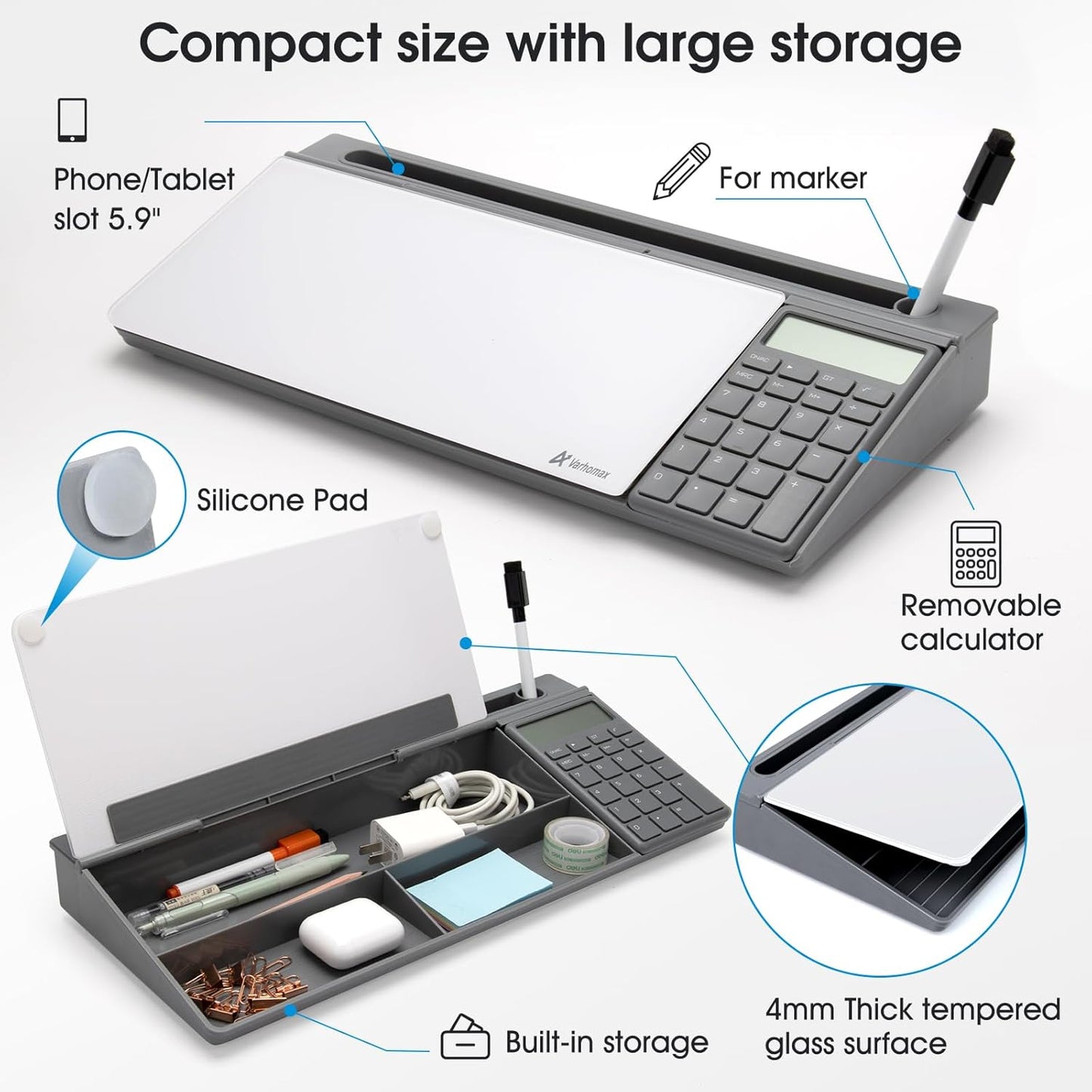 Varhomax Glass Weekly Planner Desk White Board, Desktop Calendar Whiteboard with Storage, to Do List Memo Caddy for Home Office and School Supplies, Black