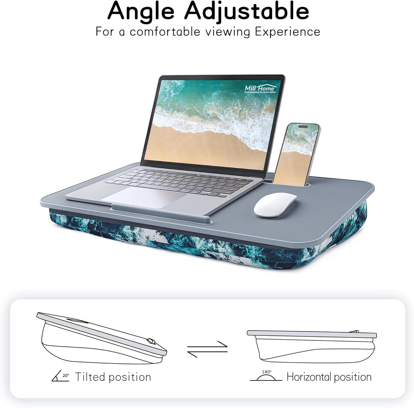 Lap Desk with Cushion, Fits up to 17 inch Laptop, Pillow Designed, Portable Laptop Stand with Tray, Pad & Phone Holder, Home Office for Bed/Couch/Car/Reading/Writing,MillHome (Black)