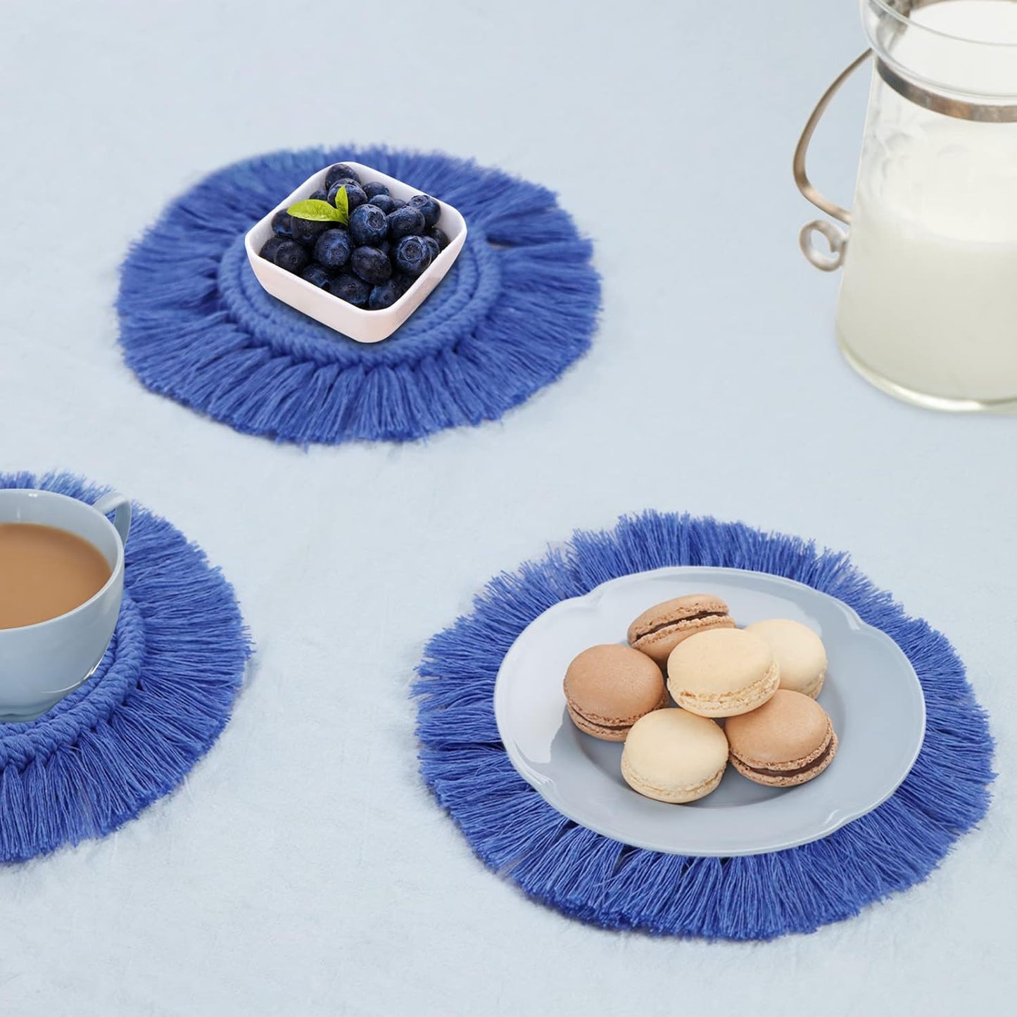 7.4in Boho Coasters for Drinks, Handmade Woven Absorbent Coasters for Desk, Farmhouse Cute Coaster for Mugs Cups - Gifts for Women, Beige