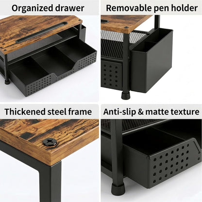 ECOLOVI Desk Organizer and Accessories, 2-Tier Computer Monitor Stand Rise with Storage Drawer & 2 Pen Holders, Laptop & Printer Stand for Desktop, Workspace Organizers for Office Supplies (Brown)