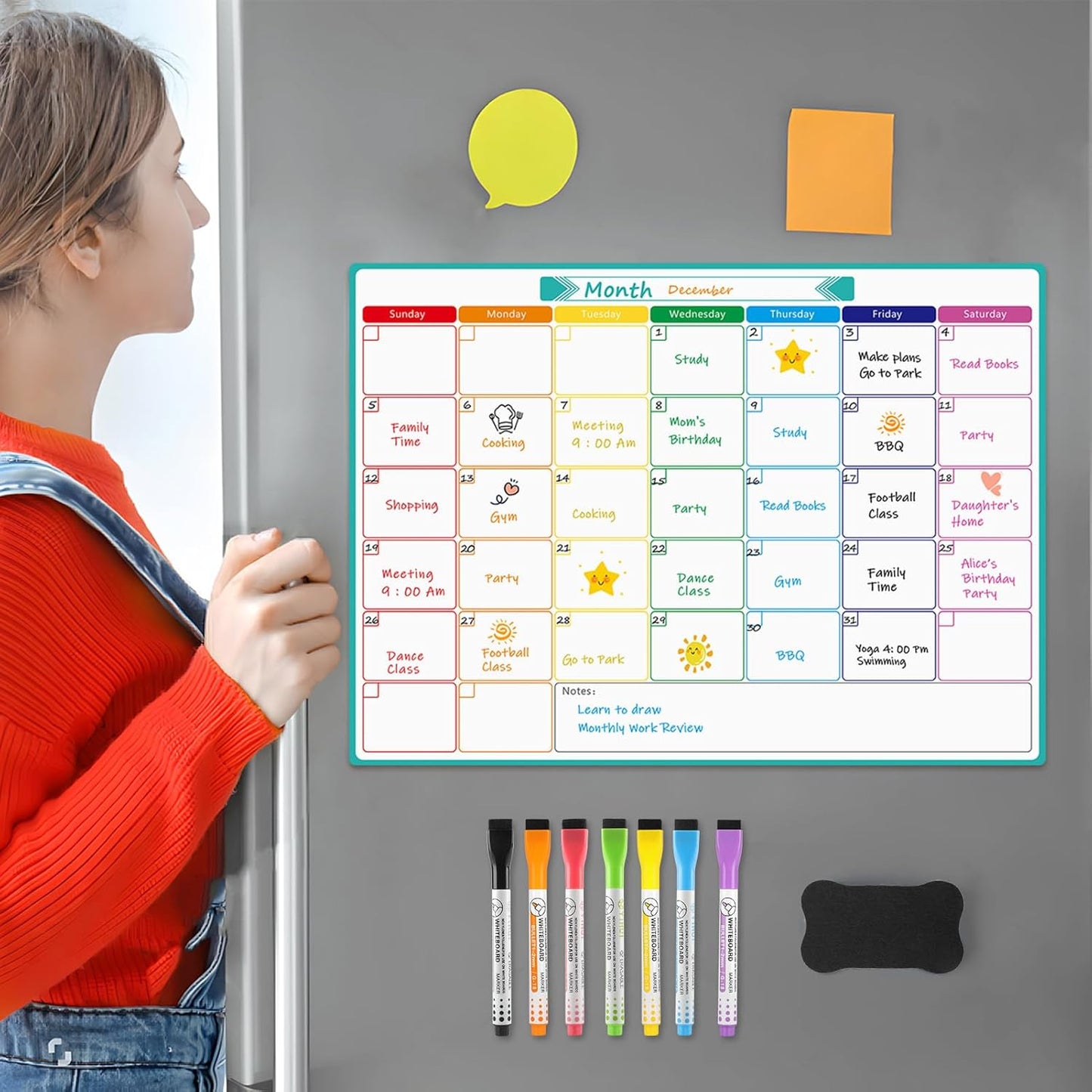 MaxGear Weekly Dry Erase Board for Fridge, 16"x12" Magnetic Calendar Whiteboard Planner for Refrigerator with Stain Resistant Technology, Include 7 Fine Point Markers and 1 Eraser