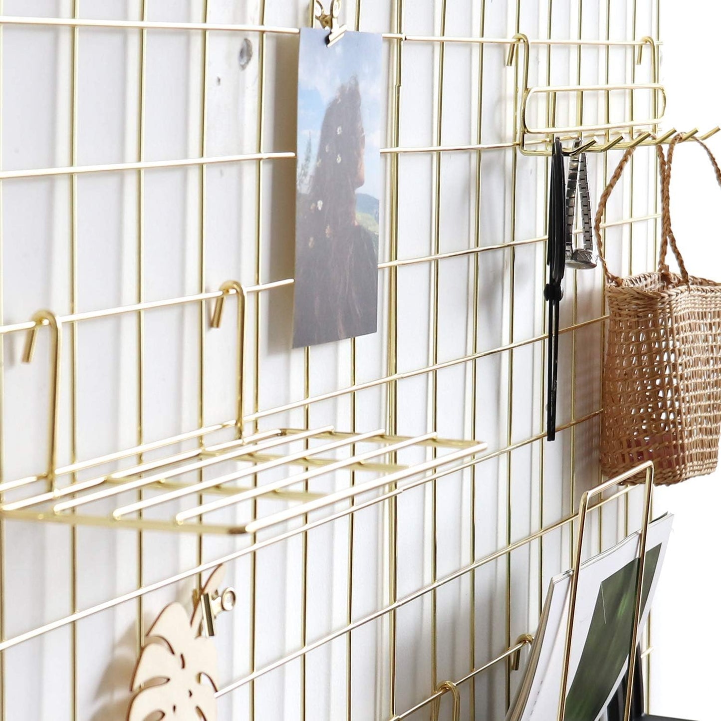 Wall Grid Panel for Photo Display,Wall Storage Organizer,5 Metal Clips & 3 S Hooks & 4 Nails & 4 Plastic Hanging Buckles and 4 Screws Offered,Size 17.5" x 11.8",2 Pack(Gold)