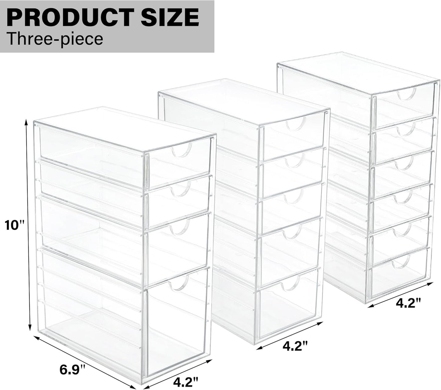 Prsildan Acrylic Drawer Makeup Organizer with 6 Drawers (Not for Baby Bottle), Set of 2 Office Desk Organizers Accessories, Clear Stackable Storage Drawers for Vanity, Craft (Largest Drawer 4" Tall)