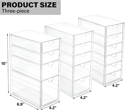 Prsildan Acrylic Drawer Makeup Organizer with 6 Drawers (Not for Baby Bottle), Set of 2 Office Desk Organizers Accessories, Clear Stackable Storage Drawers for Vanity, Craft (Largest Drawer 4" Tall)