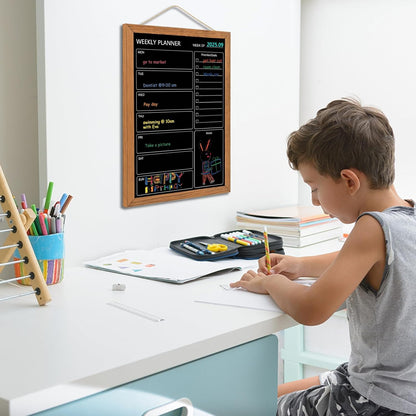 Calendar Weekly Chalkboard, 10.6" * 14.6", Magnetic Surface Rustic Brown Solid Pine Wood Frame Black Board for Office, School and Home(ZLHB-QZ-2737)