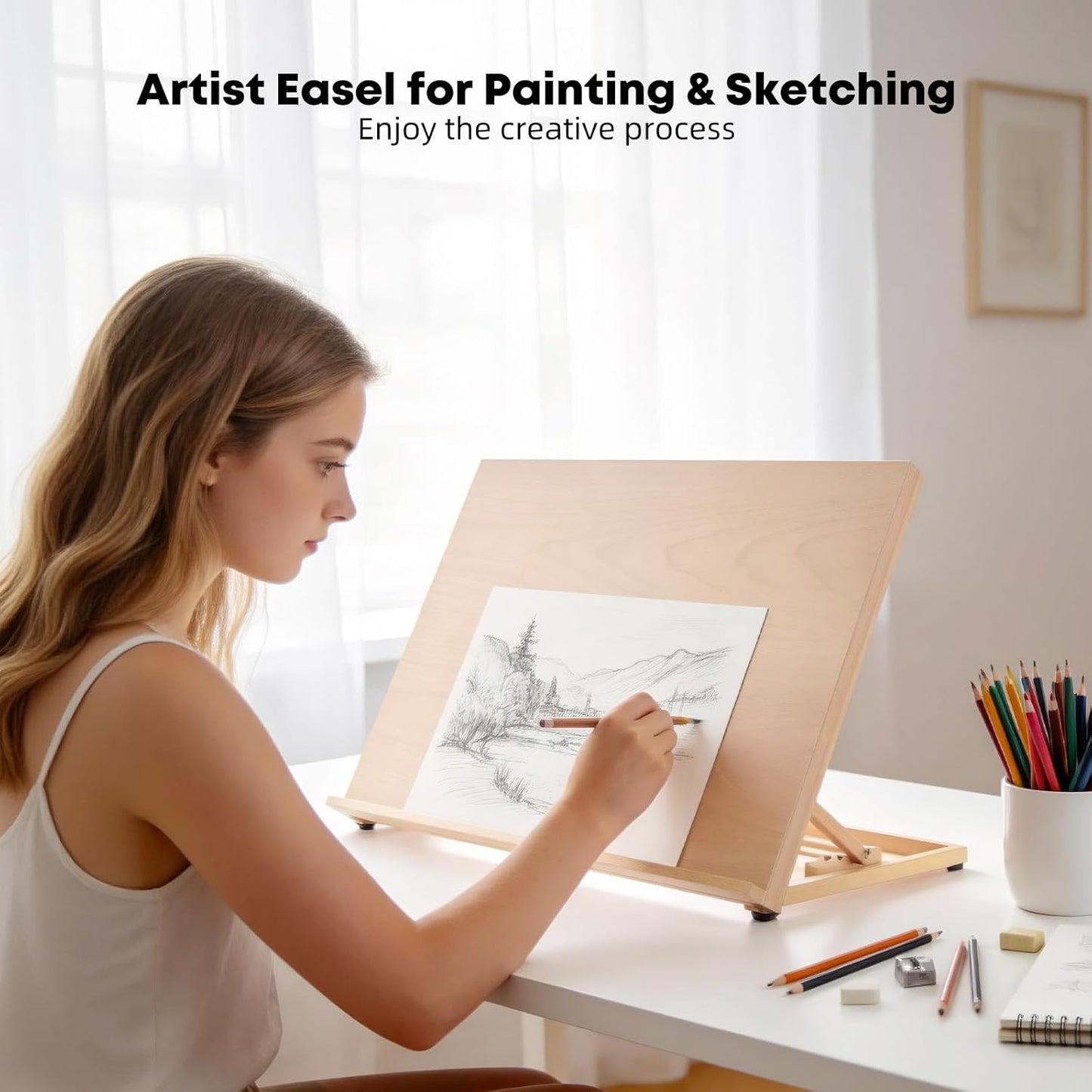 Wooden Tabletop Easel for Painting, Adjustable Table Top Artist Drawing Board for Adults, Students, 5-Position Art Easel Stand 25.6" x 18.9" Drafting Board with A3 Sketch Paper, A2